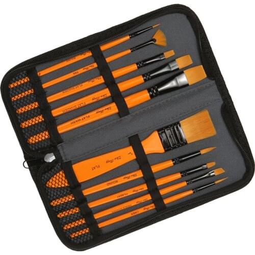 10pcs Assorted Paint Brush Set Flat Round Tip Nylon Hair Artist Supplies