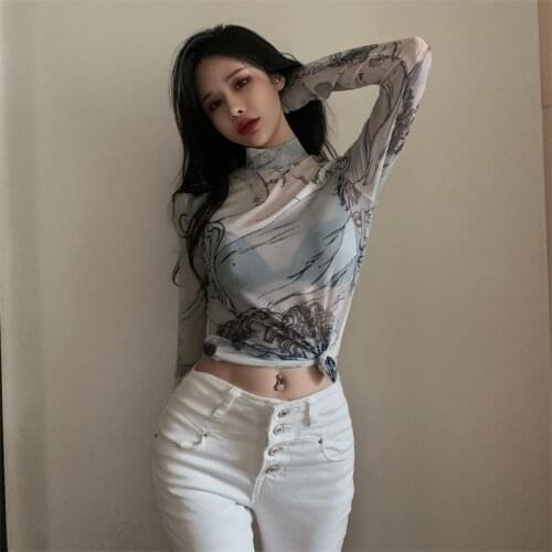 2020 NEW Turtleneck Mesh Blouse Women Long Sleeve See Through Top Ladies Sheer Top Renaissance Print Designer Top Clothing S026