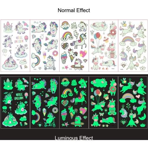5pcs Summer New Style Tattoo Stickers Luminous Unicorn Sticker Waterproof Sweatproof Tattoo Temporary Tattoos For Kid