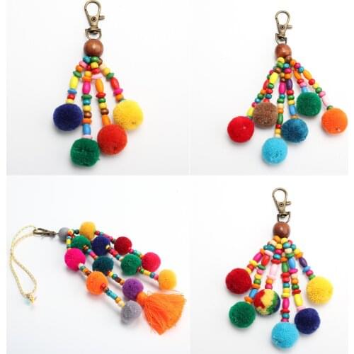 1pc 2019 Bohemian Handmade Bag Pendant Women Charm Pompom Keychain Colorful Bead Tassels Big Ball Key Chain