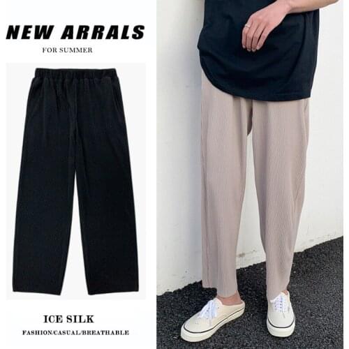 New Summer Pants Men Pleated Straight Fashion Solid Elastic Waist Casual Pants Streetwear Ice Silk Breathable Loose Trousers