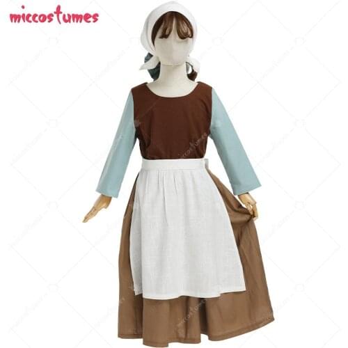 Kids Girls Brown Housemaid Dress Cosplay Costume Full Set with Apron and Headwear Bow