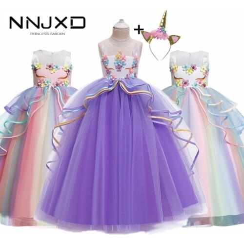 Rainbow Unicorn Cosplay Girl Dress Party Elegant Flower Lace Long Tutu Formal Ball Gown Princess Baby Dresses 5 7 8 12 14 Years