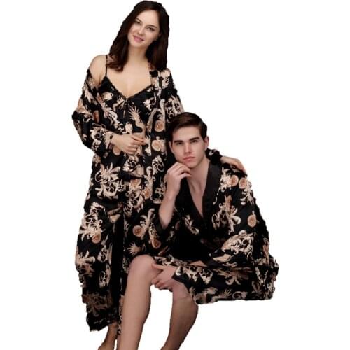 Men Women Satin Elegant Lovers Silk Robe Kimono Summer BathRobe Female Sleepwear Mens Dressing Gown Women Dragon Pajama Sets