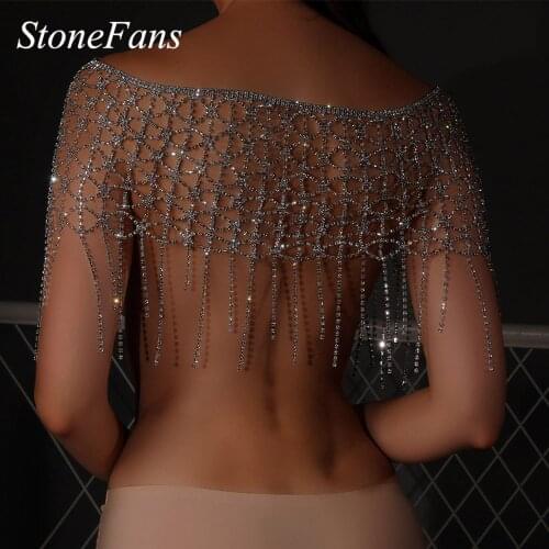 Stonefans New Wedding Shoulder Chain Rhinestone Tassel Chain Shoulder Necklace Hollow Mesh Back Necklace Bridal Body Accessories