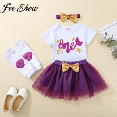 Newborn Baby Girls First 1st Birthday Clothes Infant Letter One Mermaid Rompers+Sequin Bowknot Tulle Mesh Tutu Skirt+Leggings