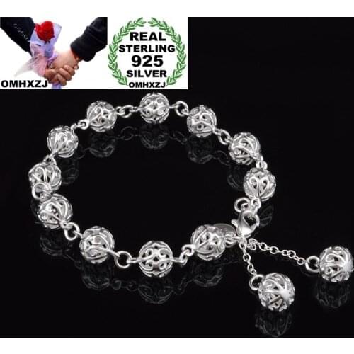 OMHXZJ Wholesale Personality Fashion OL Woman Girl Party Gift Silver Hollow Round Beads Chain 925 Sterling Silver Bracelet BR29