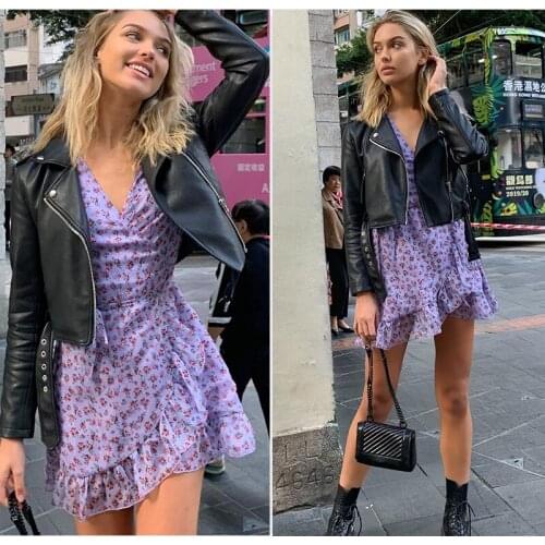 Women Dresses Summer 2020 Sexy V Neck Floral Print Boho Beach Dress Ruffle Short Sleeve A Line Mini Dress Sundress Robe