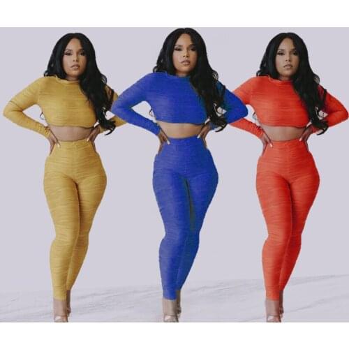 Casual Solid Ruched Tracksuit Women Sporty Fitness O Neck Long Sleeve Crop Top + Leggings Bodycon Two Piece Set Outfits Suits