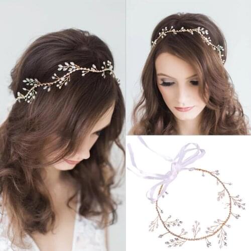 Fashion Gold Color Hair Jewelry For Women Pearl Rhinestone Tiara Bridal Headband Hand Made Party Ribbon Wedding Hair Ornaments