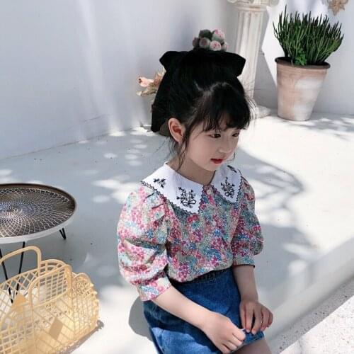 Girls' Short Sleeve Shirt 2021 Summer Korean Embroidery Floral Shirt Childrens Bubble Sleeve Top Kids Clothing
