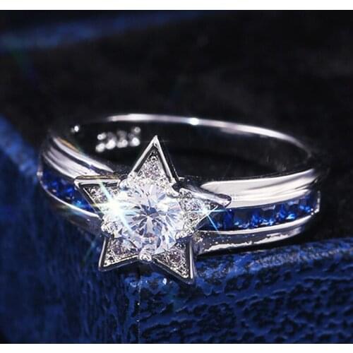 Shining Star Ring, Dazzling Zircon Crystal Blue White Sapphire Wedding Engagement Romantic Jewelry Ring