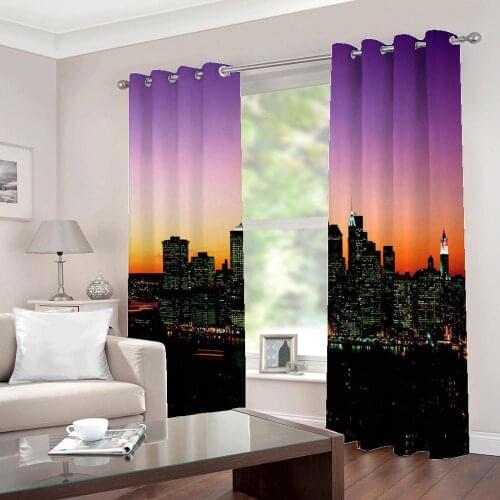 Large Custom city seaside night scene large window curtains For living room Bedroom Home Decor Drapes Sets (Left and Right Side)