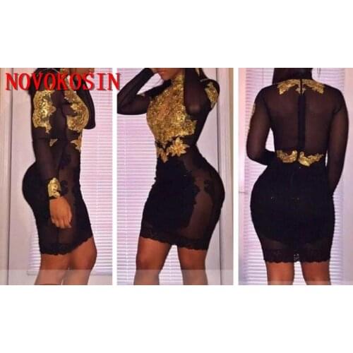 2019 Sexy Black Sheath Slim Short Cocktail Dress High Neck Long Sleeves Lace Applique Tulle See Through Prom Dress Party Gowns