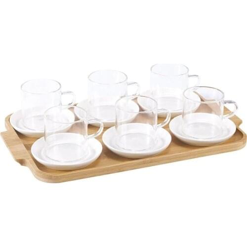 Turkish Tea and Coffee Cup Set Bamboo Tray Mini Glass Mug Tea Team 13 Piece Tea Set Cup and Porcelain plate
