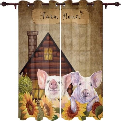 Farm Sunflower Flower Pig Retro Barn Window Curtains Kitchen Bedroom Drapes Home Decor Luxury Living Room Backdrop Curtain