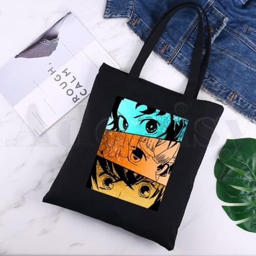 Demon Slayer Kimetsu No Yaiba Tanjirou Kamado Black Canvas Print Shopping Bags Girls Fashion Life Casual Pacakge Hand Bag