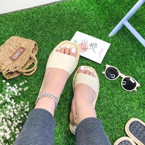 Women Sandals Open Toe Shoes 2021 Summer New Diamond Lattice Casual Twine Flat Slippers Female