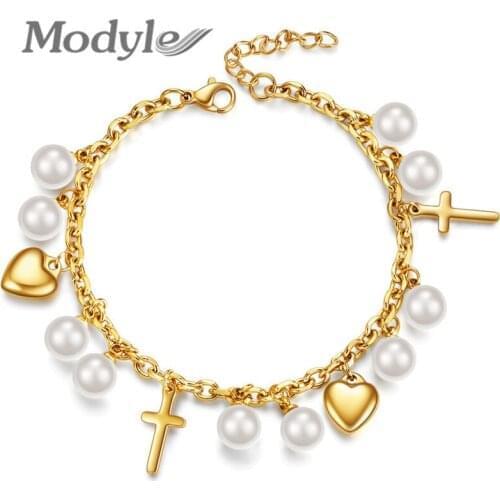 Modyle 2021 New Black Silver Color Stainless Steel Heart Cross Wedding Bracelet for Woman Round Simulated Pearl Fashion Jewelry