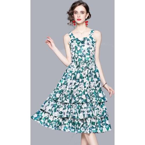 Ladies Summer New Designer Green Spaghetti Strap Dress Women Runway Elegant Floral Print Vacation A Line Midi Dresses 2021
