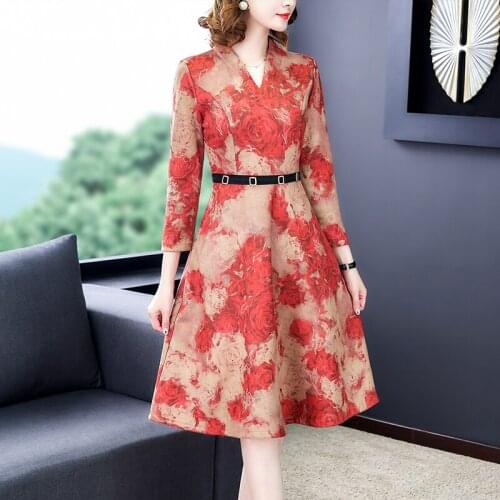 2021 Vintage Red Floral V-Neck Beach Midi Suede Dress Spring Autumn Women Casual Long Sleeve Dress Elegant Bodycon Party Vestido