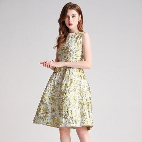 New Arrival Summer Flower Jacquard Dresses Vintage Womens Sleeveless O-Neck Slim High Waist Ball Gown Dress Tank vestidos k8583