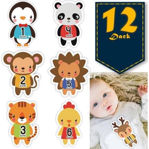 12 Pcs/Set Cartoon Animal Baby Pregnant Monthly Stickers Memory Recording Milestone Sticker Newborn Growth Props