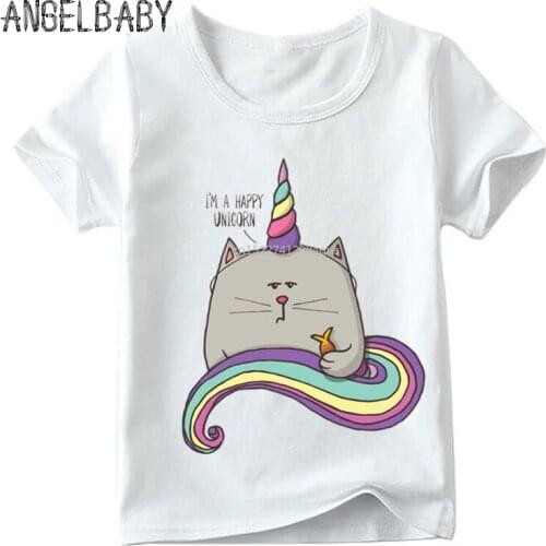 Children Cartoon Cute Cat Unicorn Print Funny T shirt Boys and Girls Summer Harajuku Tops Kid Soft White T-shirt,HKP5075