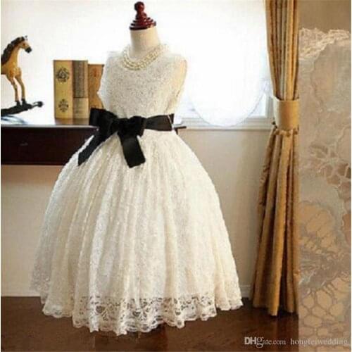 Long Flower Dress For Little Girl O-Neck First Communion Dresses Hand Made Flowers Birthday Gown Black Sash Prom Dress Cheap Pag