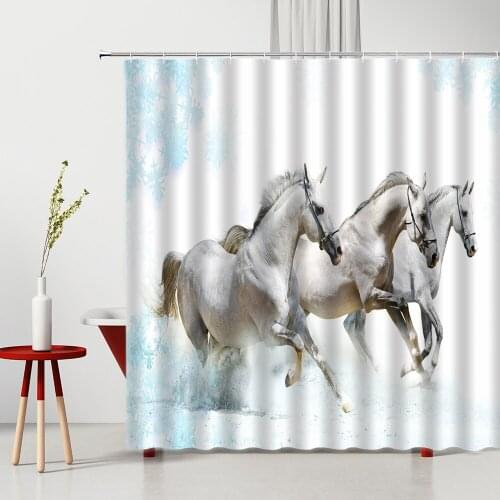 Shower Curtain Set White Horses In On The Snow Race With Hook Waterproof Polyester Fabric Bathroom Decoration Bathtub Screen