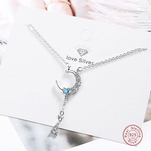 INS Simple Design Silver Color Star Moon Tassel Water Drop Pendant Necklace for Women Girls Short Clavicle Chain Gift