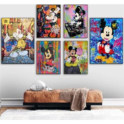 Disney Mickey and Minnie Mouse Canvas Painting Street Graffiti Art Prints and Posters Wall Art Pictures for Kids Decor Cuadros