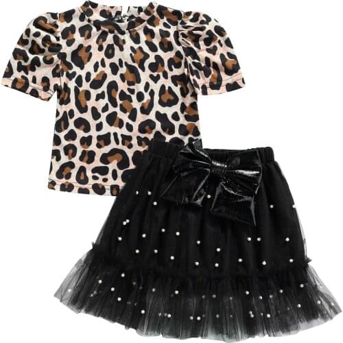 Fashion Children Girls Clothes Set Leopard Short Sleeve T-shirt Top Pearl Lace Tulle Skirt Outfits Summer Girls Costumes