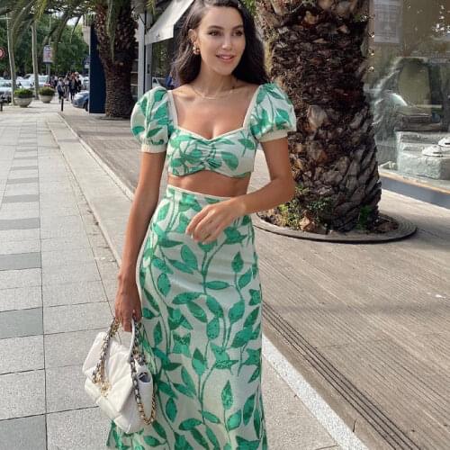 Foridol Leaf Print Green Knitted Dress Set Femme Fashion Summer Autumn Elastic Sweater Bodycon Dress Suits Top Skirt Sets