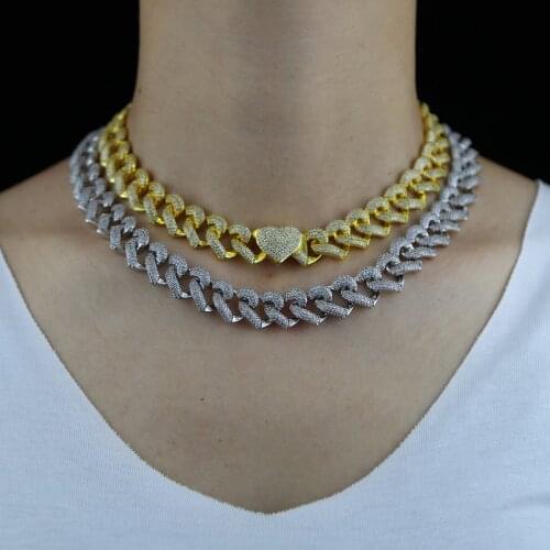 2021 New Hip Hop Iced Out Bling Heart-Shaped Clasp Miami Cuban Link Chain 5A Cubic Zirconia CZ Chunky Necklace For Women