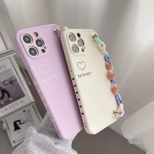 Pure Color Love Heart Matte Hard PC Bracelet Chain Back Phone Case Cover For iPhone 7 8 Plus 11 12 Pro Max XR XS Max Skin