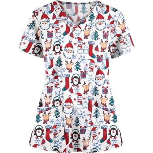 Medical Women Chrismas Nursing Scrubs Cartoon Print Casual Short Sleeve Ladies Scrubs Uniforms Nurse V-neck Pocket Tops Blouse