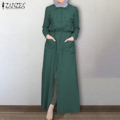 Muslim Hijab Dress ZANZEA Elegant Women Long Shirt Dress Casual Autumn Lapel Neck Long Sleeve Drawstring Sundress Abaya Vestido