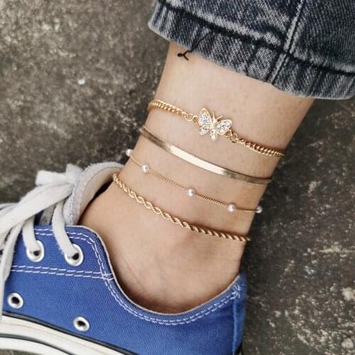 Bohemian Women Anklet Set for Women Jewlery Accessories Fashion Butterfly Imitation Pearl Rhinestones Zircon Chain Anklet Set