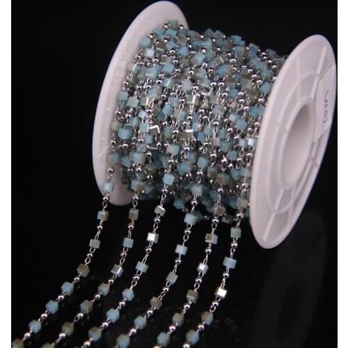 Sky Blue & Champagne colour Square Beads Glass bead&Copper beads Plating Silver Chain, Wrapped Rosary Chain Jewelry 2.5mm