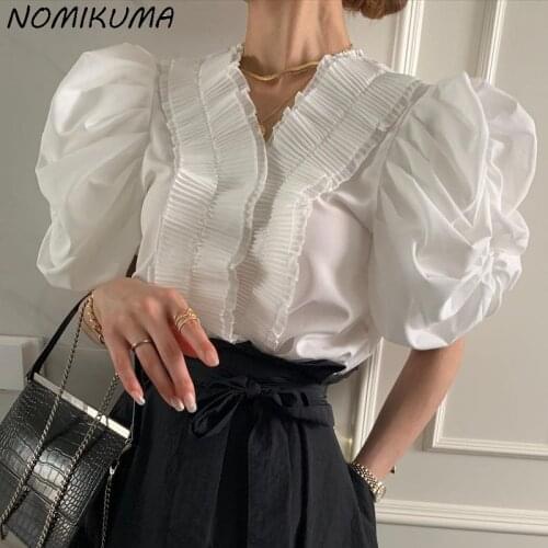 Nomikuma Korean Pleated Ruffle Patchwork V-neck Blouse Shirt Chic Puff Sleeve Womens Tops 2021 New Elegant Blusas Femme 6K824