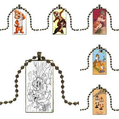 Chip And Dale Peanut New Glass Cabochon Jewelry Bronze Color With Long Pendant Choker Rectangle Necklace For Girls Gifts