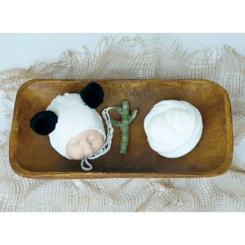 Super Cute Panda Style Newborn Hand Knitted Hat Wool Felt Bamboo Props White Mohair Cloth 3-Piece Set Baby Photography Props