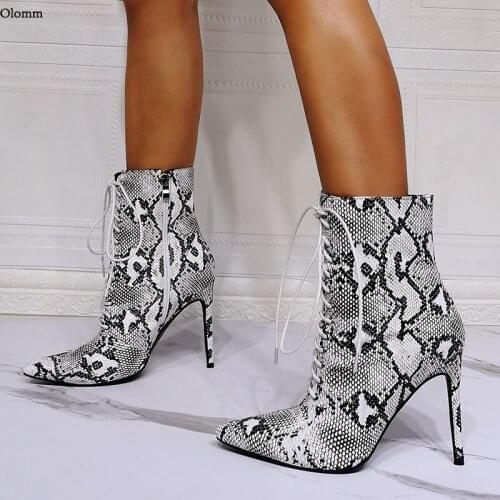 Olomm New Arrival Handmade Women Winter Snake Ankle Boots Lace Up Stiletto Heel Pointed Toe Black Party Shoes Women US Size 5-15