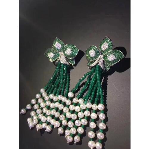 Green color long tassels earring 925 sterling silver flower stud earring natural fresh water pearl and agate earring fine jewel