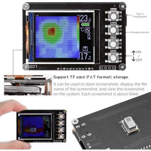 Thermal Imager Sensors AMG8833 1.6 Inch TFT Display Screen 10Hz Data Refresh Rate Support TF card to storage the screenshot