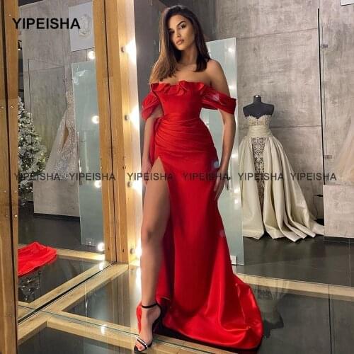 Yipeisha Off-shoulder Side Slit Prom Dresses Red Mermaid Evening Gown Vestido de Festa Long Party Dress 2021