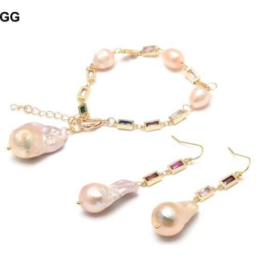 GuaiGuai Jewelry Natural Cultured Pink Keshi Pearl Mixed Color CZ Pave Chain Dangle Hook Earrings Bracelet Sets For Women