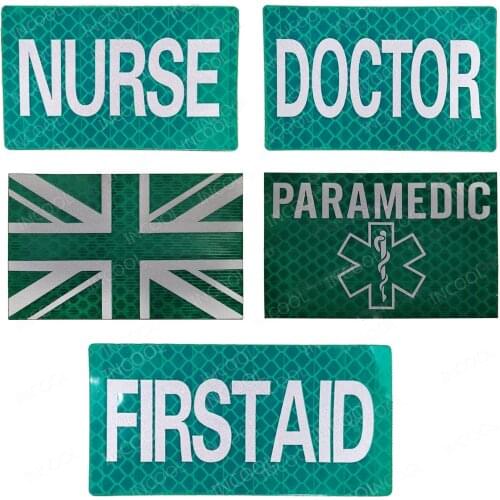 Green Reflective Patches FIRST AID NURSE DOCTOR United Kingdom Flag PARAMEDIC Emergency Rescue Tactical Military Patches Badges