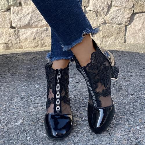 Womens Spring Shoes Ladies Lace Genuine Leather Fashion Boots Female High Heels Round Toe Mid Calf Women Boots Shoes Plus Size